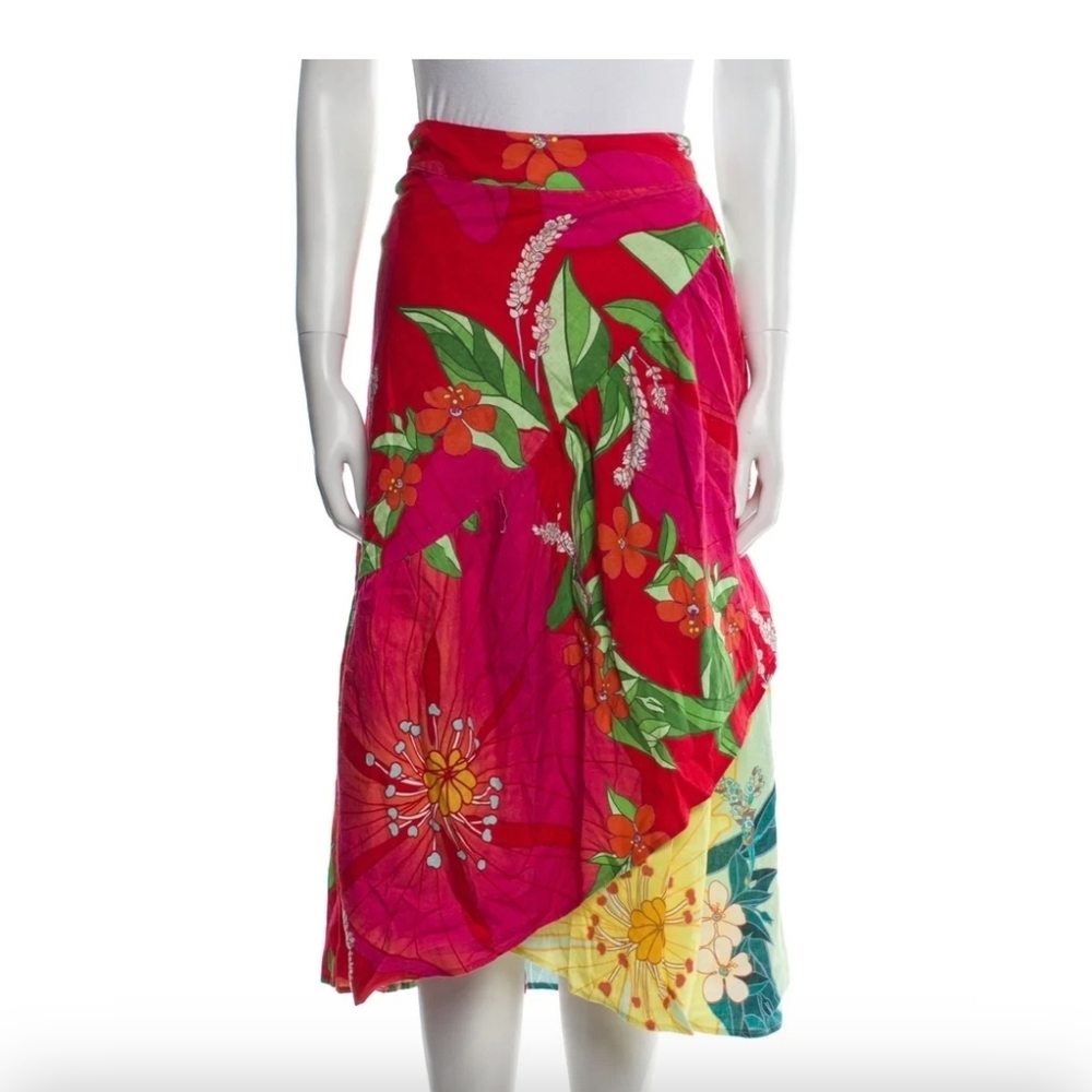 Farm Rio Linen Vibrant Floral Wrap Skirt XS